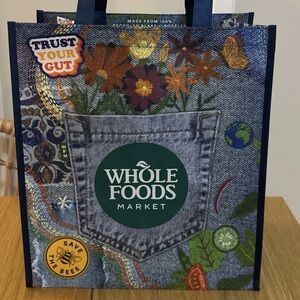 Whole Foods Market Tote Bag New Floral Denim Pocket Design